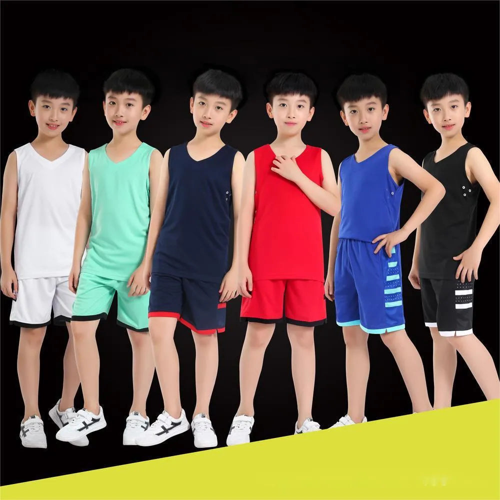 Student basketball training vest and pants set in white or black, made from polyester fibre blend.