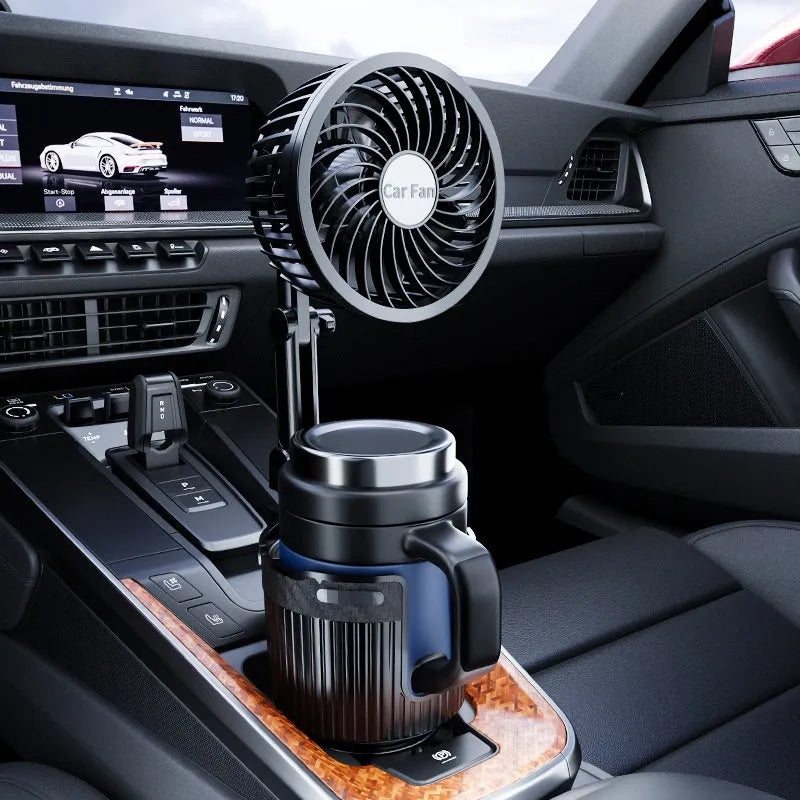 ABS plastic car cup holder fan showing 4-inch and 6-inch size options with 12V, 24V, and USB power plugs.