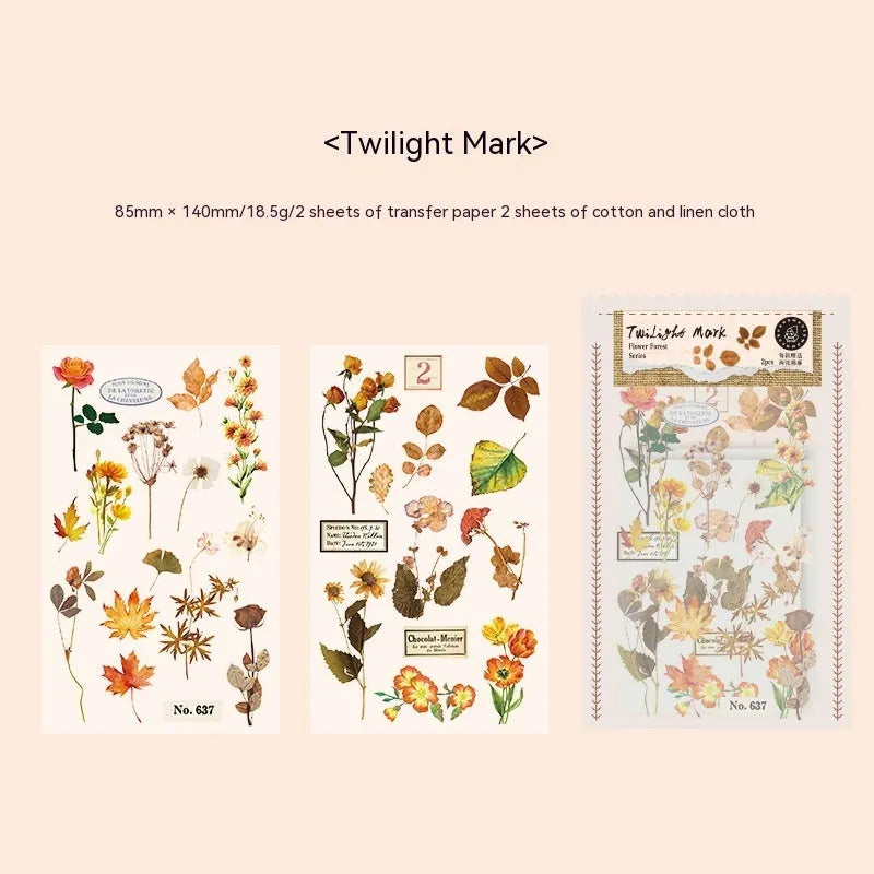Huazhisen Series forest theme art sticker pack showing transfer paper and cotton linen sheets in literary style