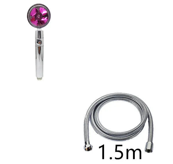 Blue handheld shower head with stop button and turbo nozzle on a chrome bracket.