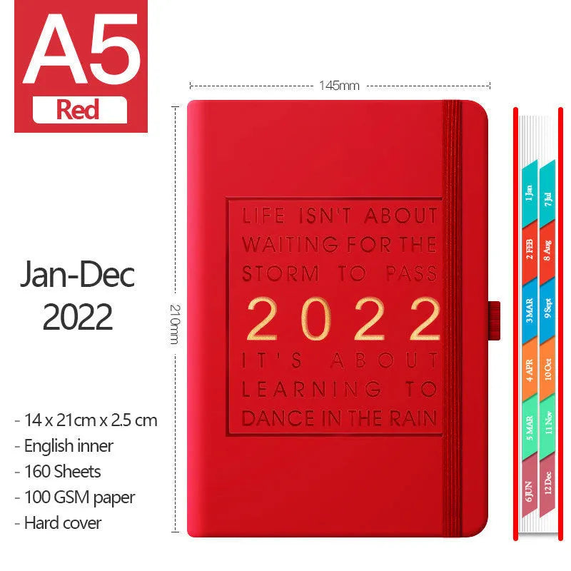 A5 imitation leather notebook with French fold binding open flat on a desk, seven colour options