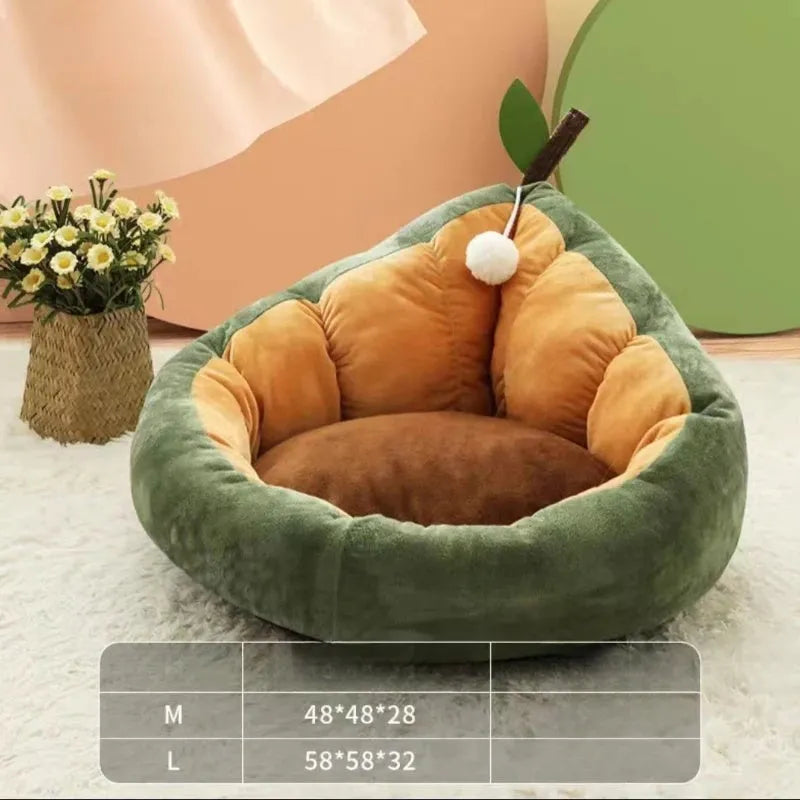 Soft coffee-coloured cotton pet bed with fluffy fleece interior and a raised bolster edge for a cat or small dog.