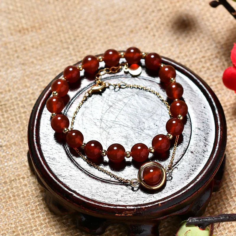 Women's double-layer bracelet with strawberry quartz crystals and lucky beads on gold electroplated copper