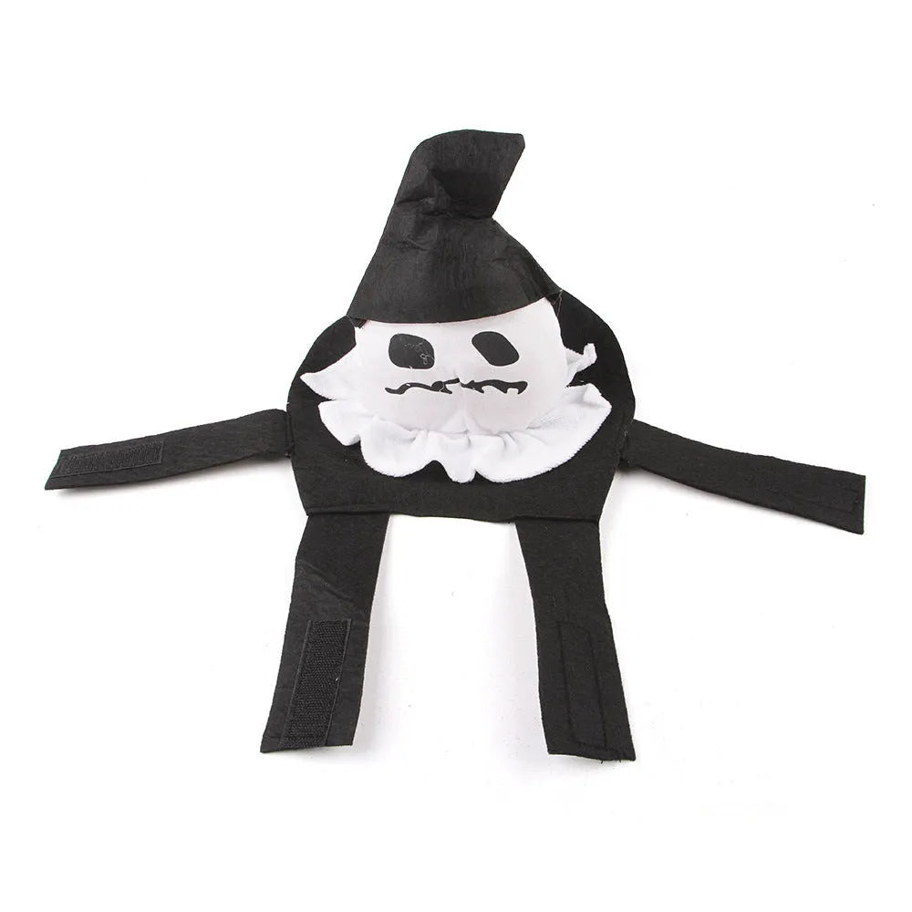 Dog wearing a PP cotton Halloween costume in a ghost or pumpkin ghost design.