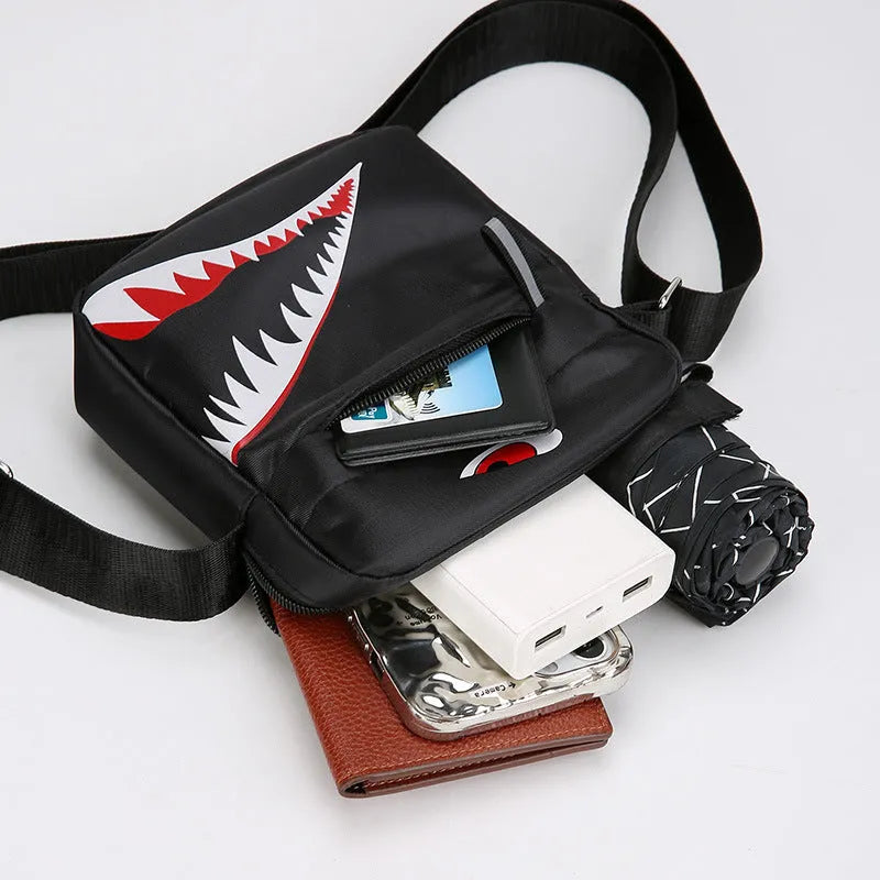 Men's small black crossbody bag with animal print, made from Oxford cloth.