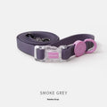 Nylon dog collar and matching leash set shown in smoky grey, new green, lemon yellow, and rose pink colour options.