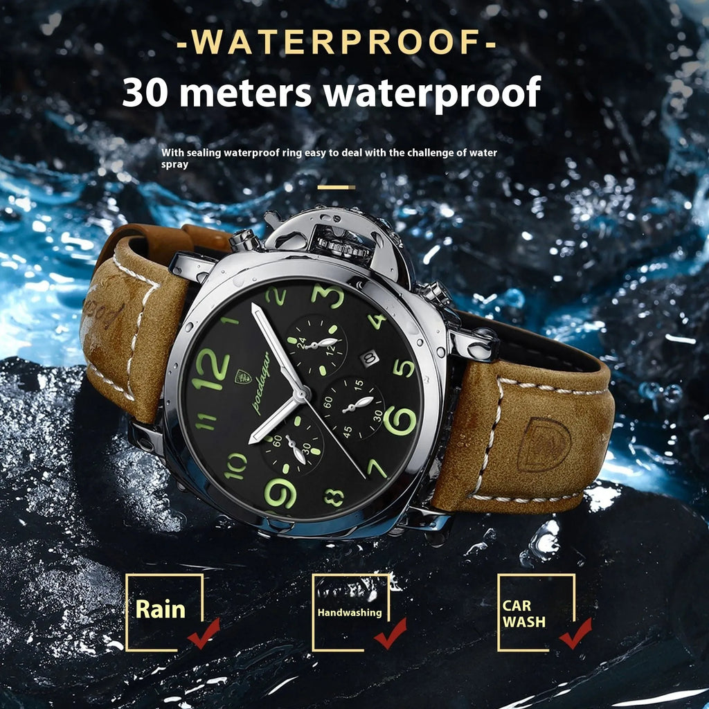 Men's casual sports watch with round alloy case, real leather strap, and mineral glass mirror on wrist