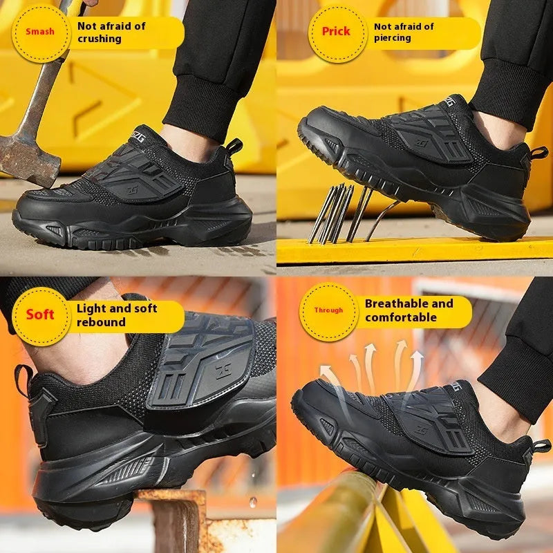 Black steel toe cap safety work shoes with felt buckle closure and lightweight EVA sole