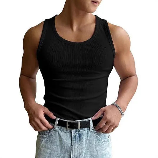 Men's tight-fit black polyester sports t-shirt on a hanger