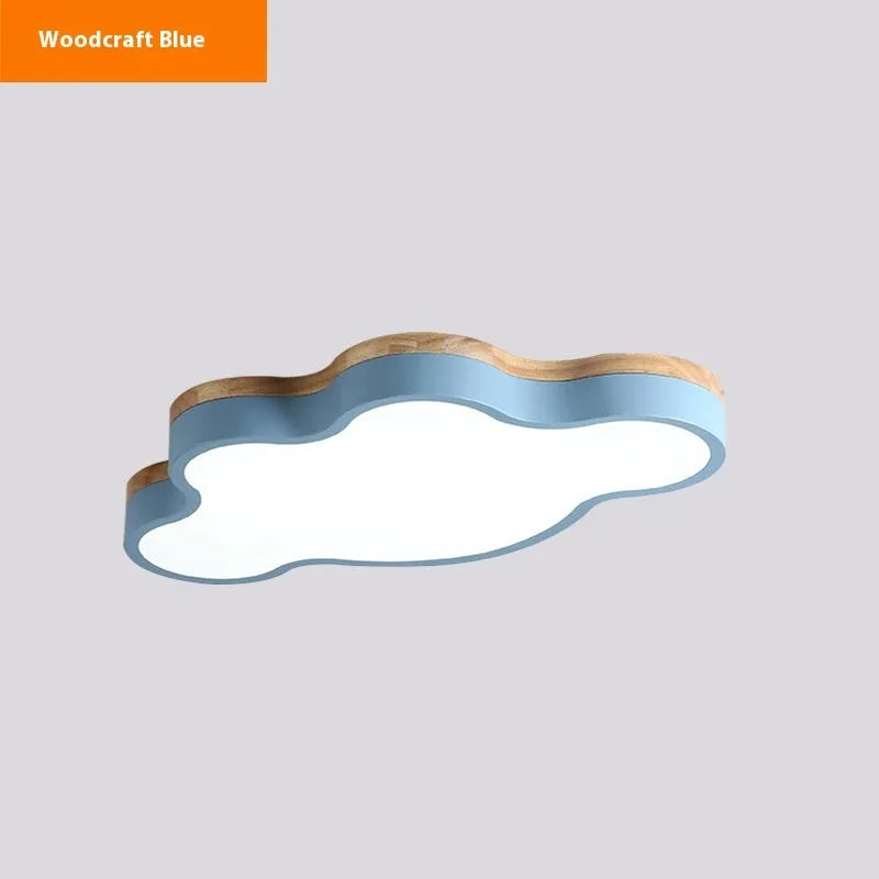 Modern wooden cloud-shaped LED ceiling lamp mounted on a white ceiling.