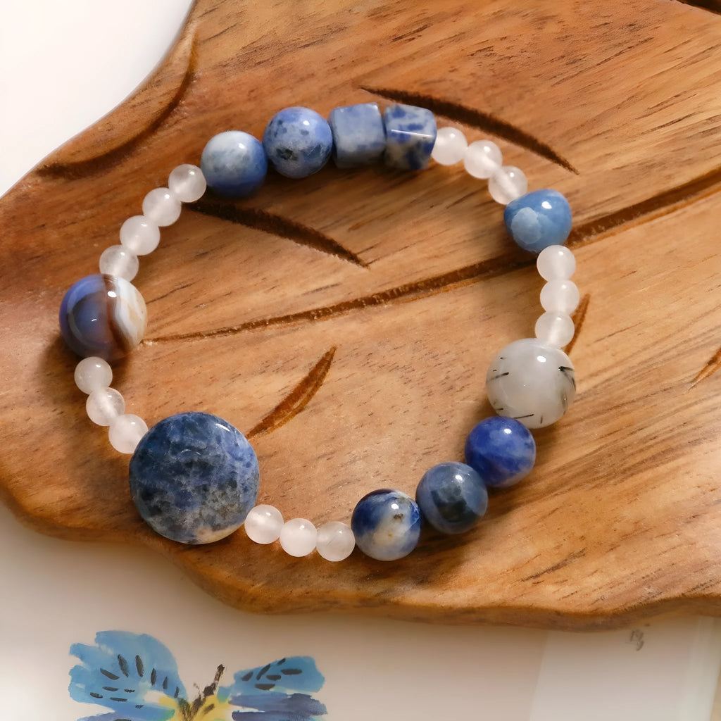 Hand-woven natural stone bracelet with blue point stone and black hair crystal agate beads
