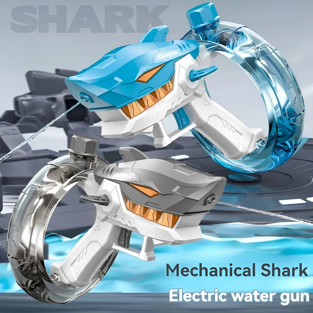 Blue Shark-shaped electric water gun toy with large tank on a sandy beach
