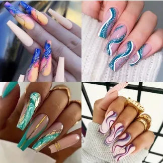 Pack of Ballet W067 wave line patterned nail stickers with pots of jelly glue on a pink background.