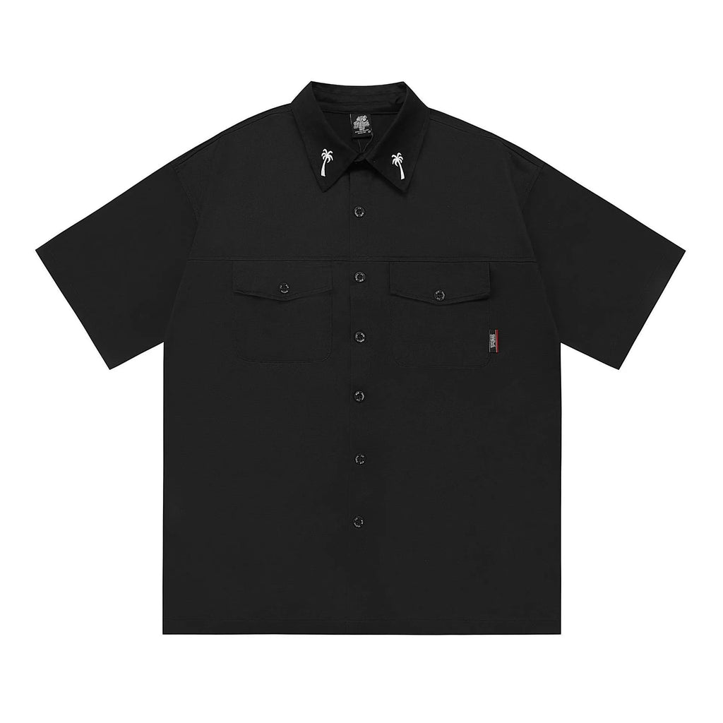 Men's plus size black cotton blend shirt with embroidery detail and half sleeves