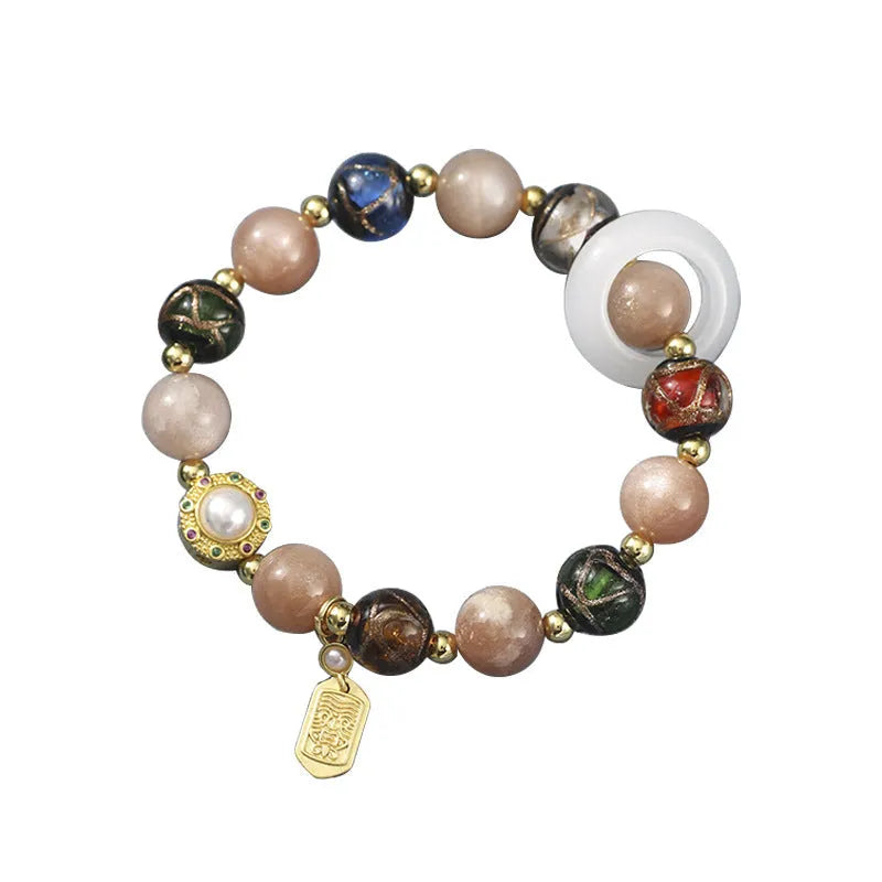 Hand-woven bracelet with fragrant gray glaze beads, sunstone and white lip shell beads