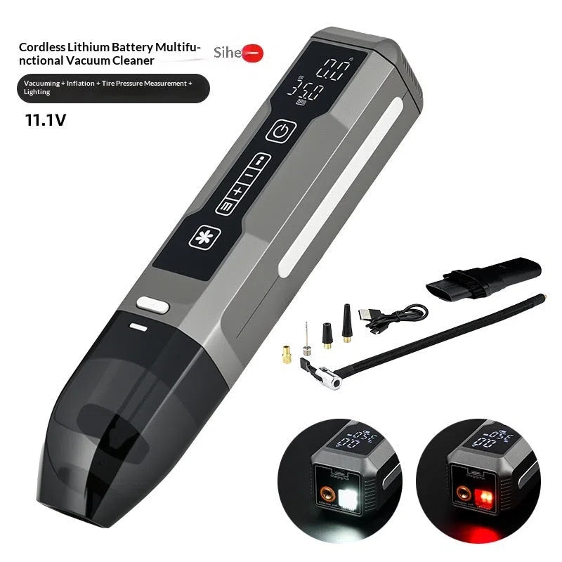Wireless inflator with power bank showing 4-in-1 car vacuum and air pump with LED light