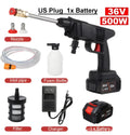 Cordless electric car washing pressure washer gun with battery, hose, nozzles and foam bottle