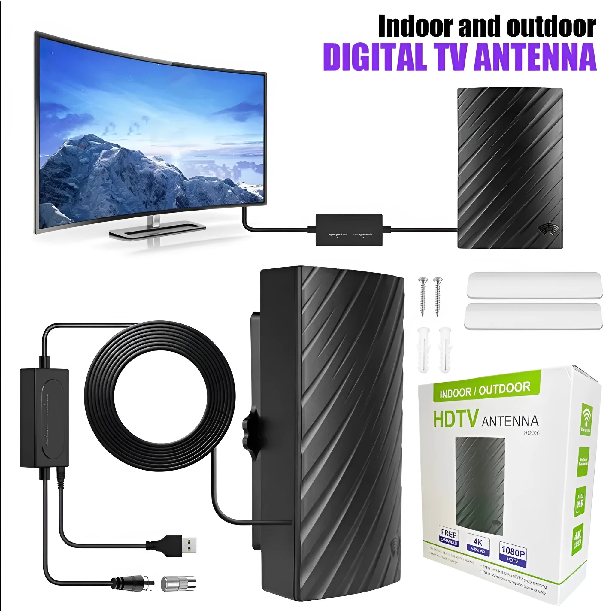 Black plastic indoor digital television antenna with mounting accessories on a white background.