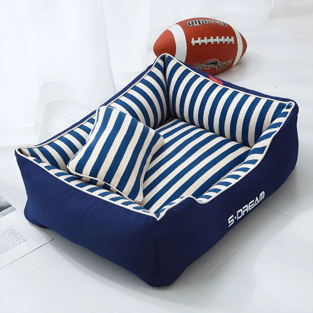 Navy stripes dog kennel mat with removable washable cloth cover and mini pillow