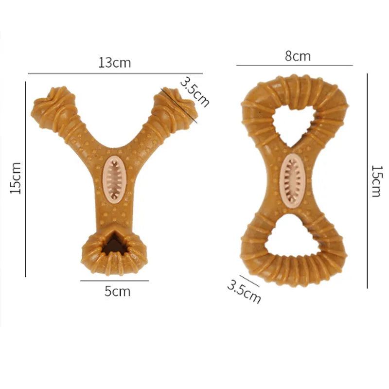 Durable dog chew toy bone with textured surface for teeth cleaning, shown in 8-shape and Y-shape designs