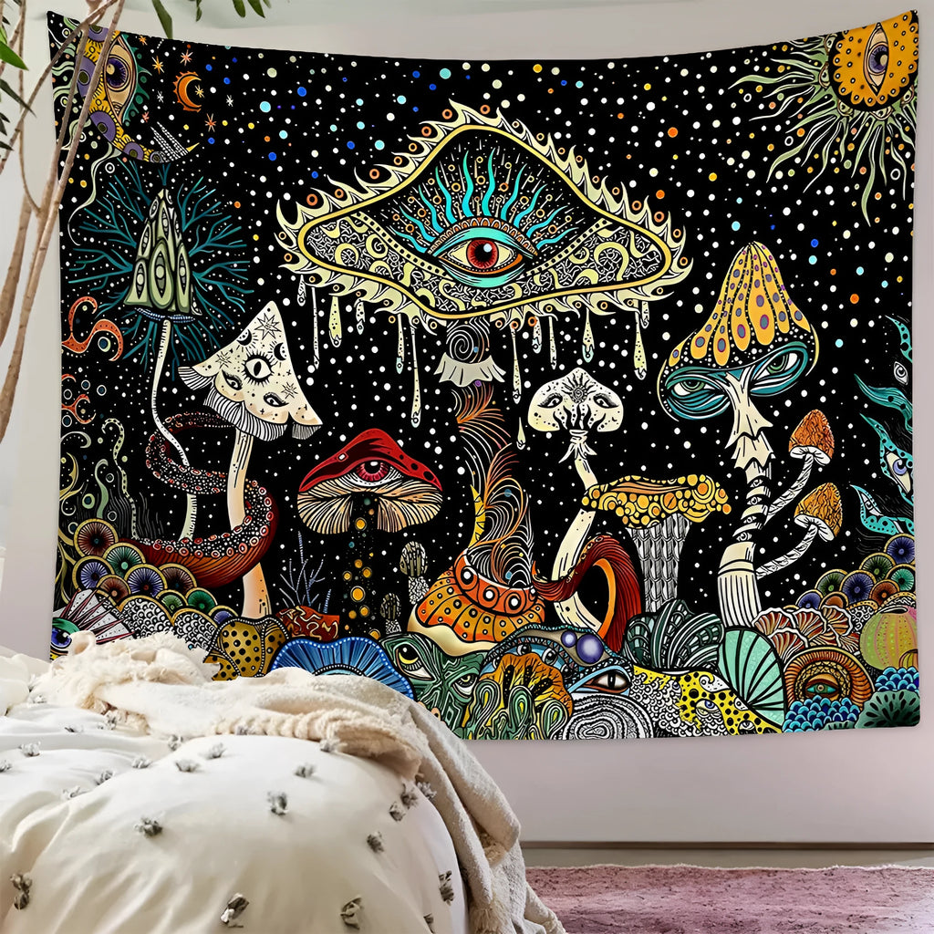 Polyester machine woven tapestry with skull mushroom geometric abstraction pattern in starry mushroom colour