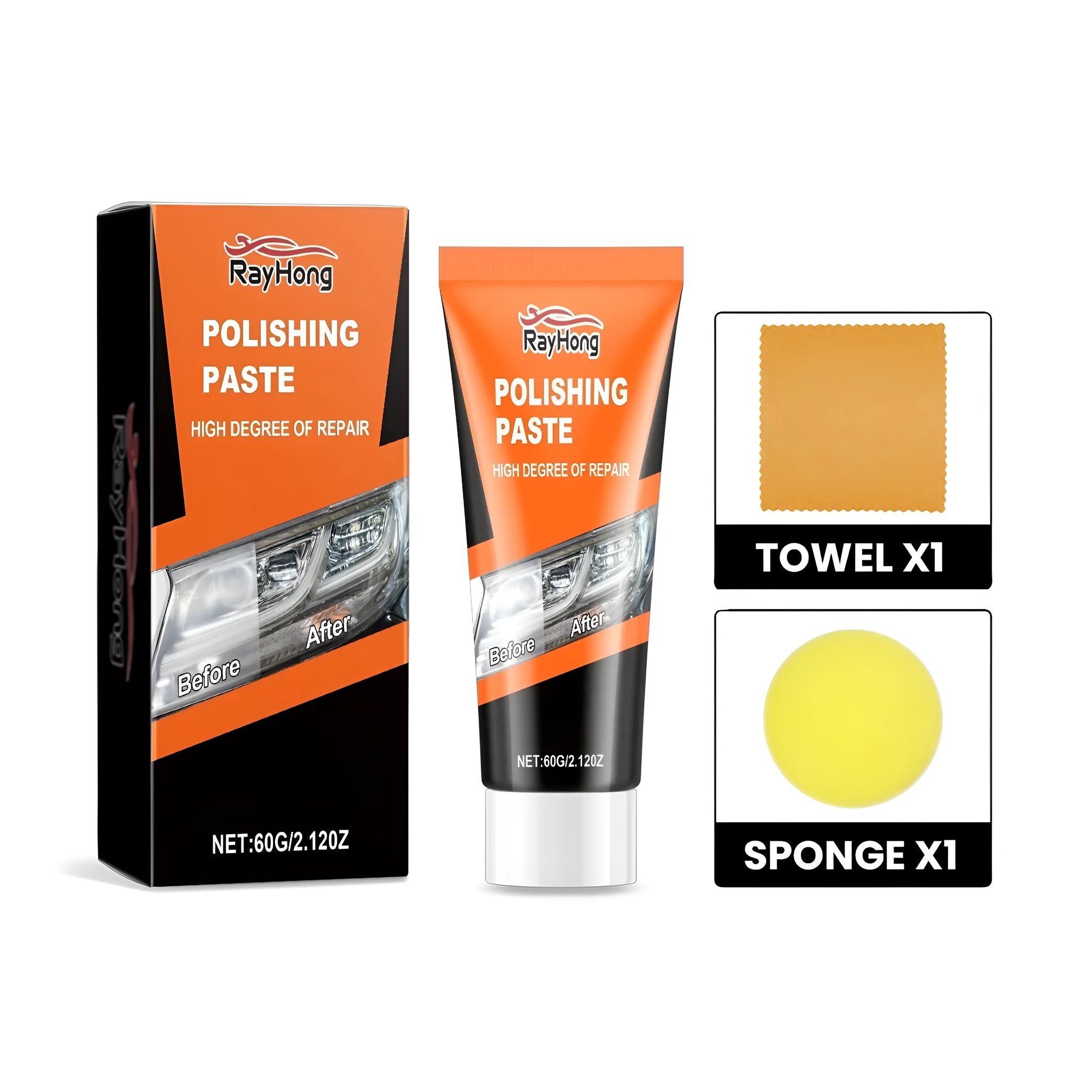 Car headlight refurbishment cream in a 60g PE tube next to a round sponge and a buffing towel