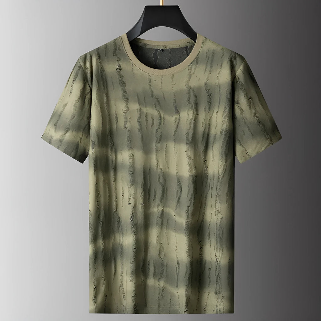 Men's grey plus size loose-fit nylon t-shirt on a hanger, showing short sleeves and round neck.