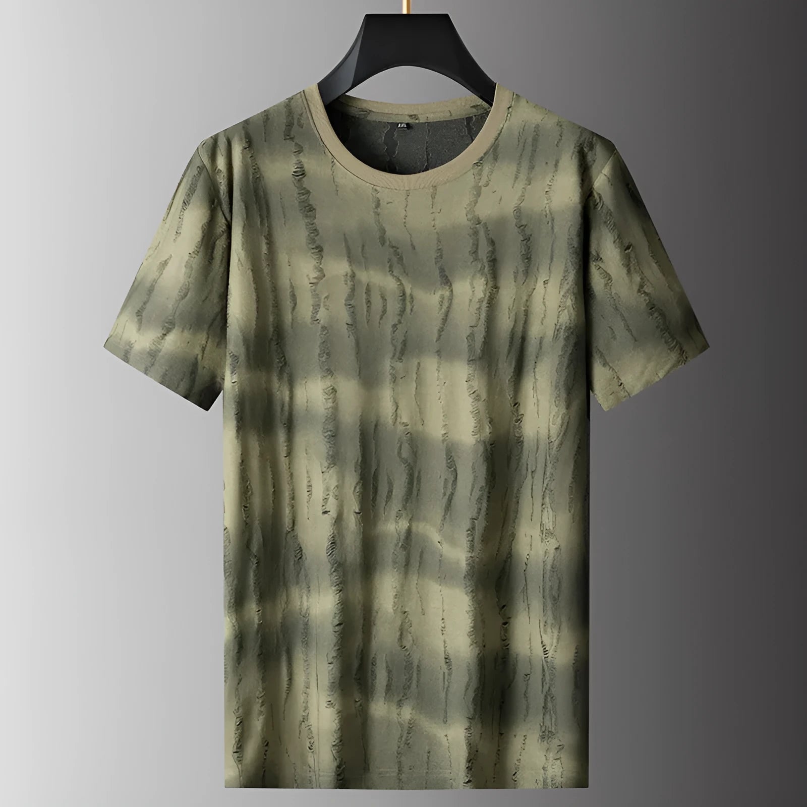 Men's grey plus size loose-fit nylon t-shirt on a hanger, showing short sleeves and round neck.