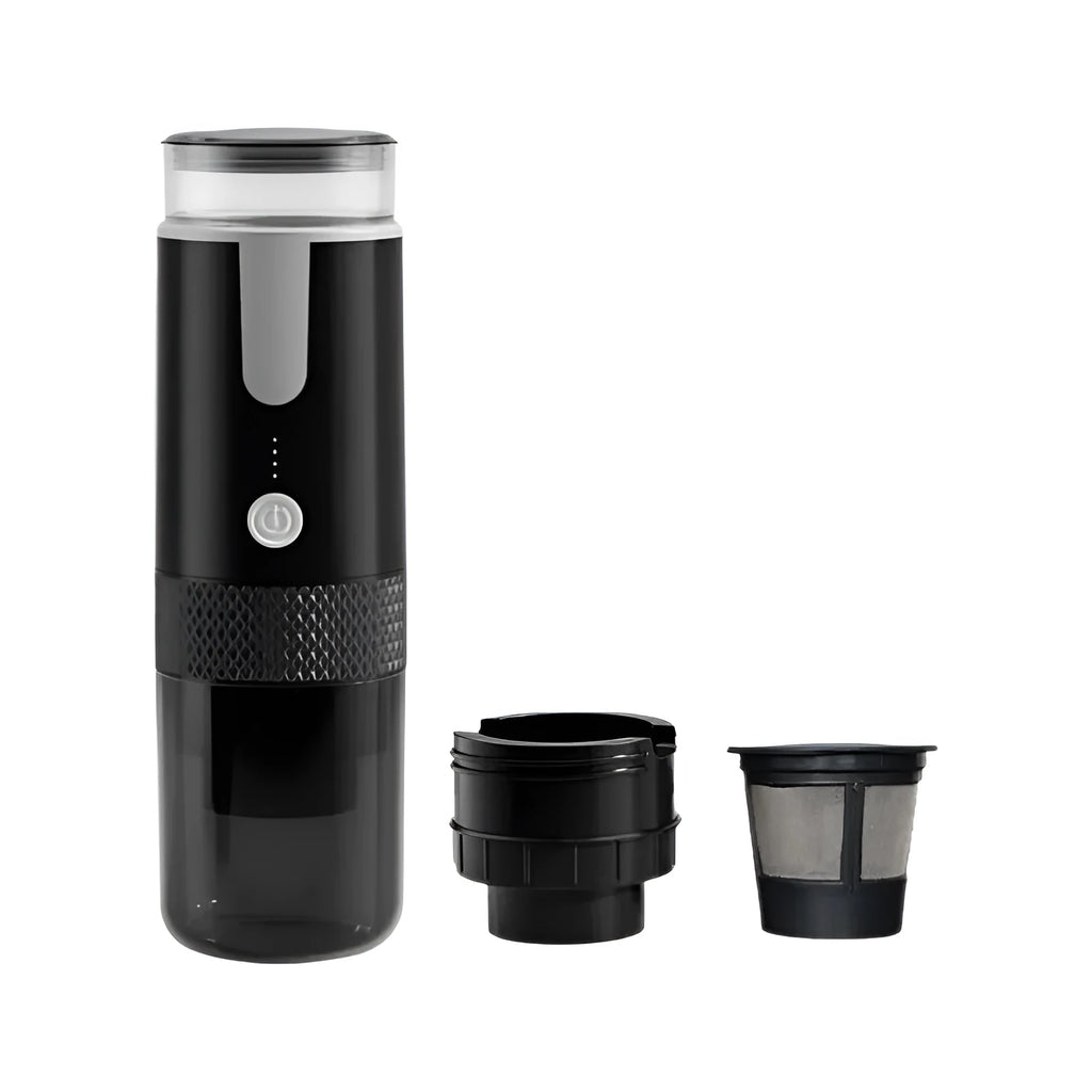 Black portable coffee machine with K cup capsule compatibility for outdoor camping and vehicle use