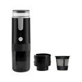 Black portable coffee machine with K cup capsule compatibility for outdoor camping and vehicle use