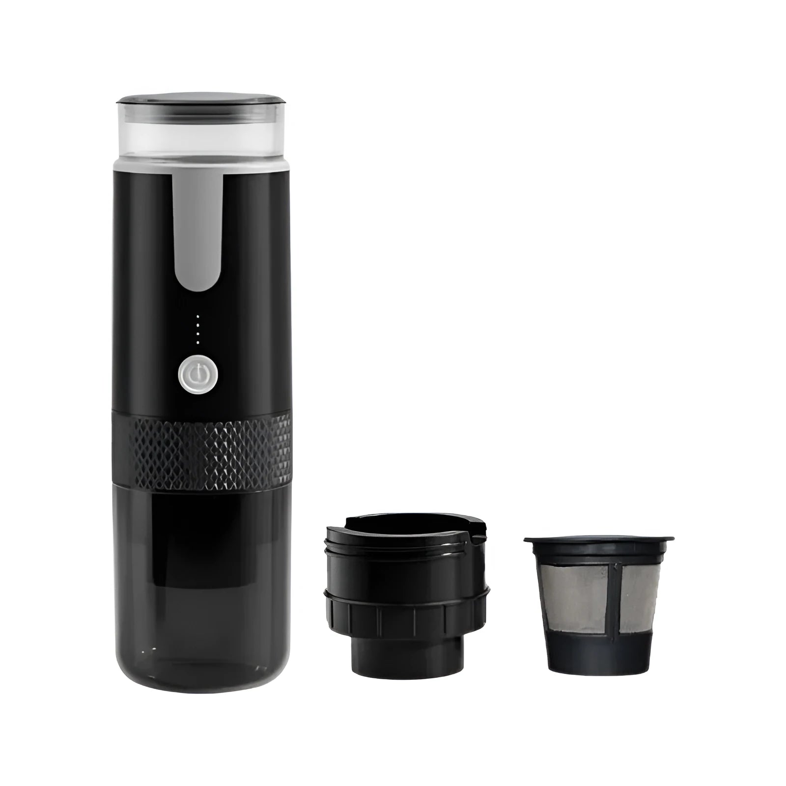 Black portable coffee machine with K cup capsule compatibility for outdoor camping and vehicle use