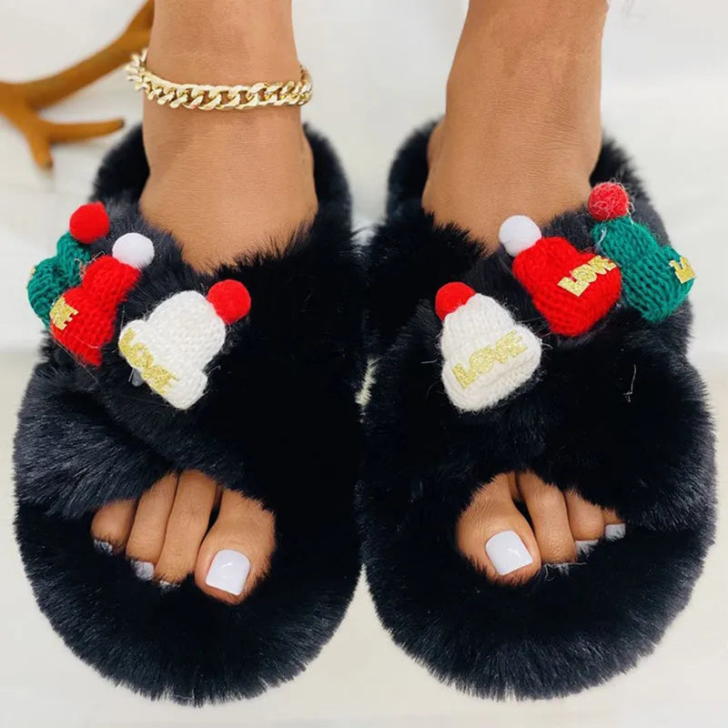 Women's Christmas hat decoration slippers in faux plush, shown in black, khaki, and white colour options.