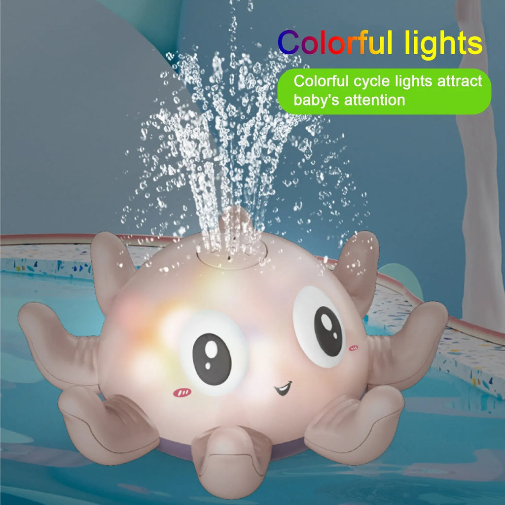 Blue octopus-shaped children's bath toy that automatically sprays water and flashes lights.