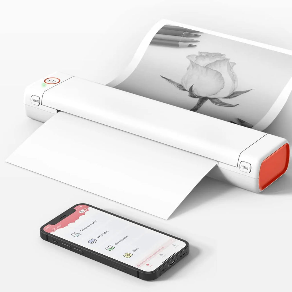 Phomemo M08F A4 portable thermal printer in silver black colour with charging cable