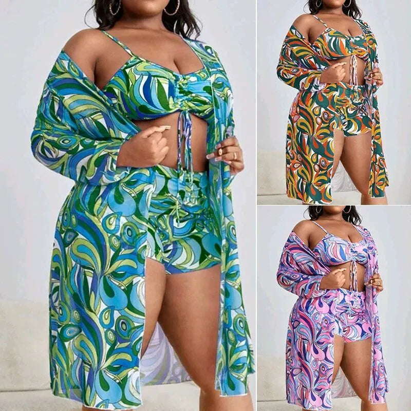 Women's floral print polyester bikini three-piece set with bra, shorts, and cardigan.