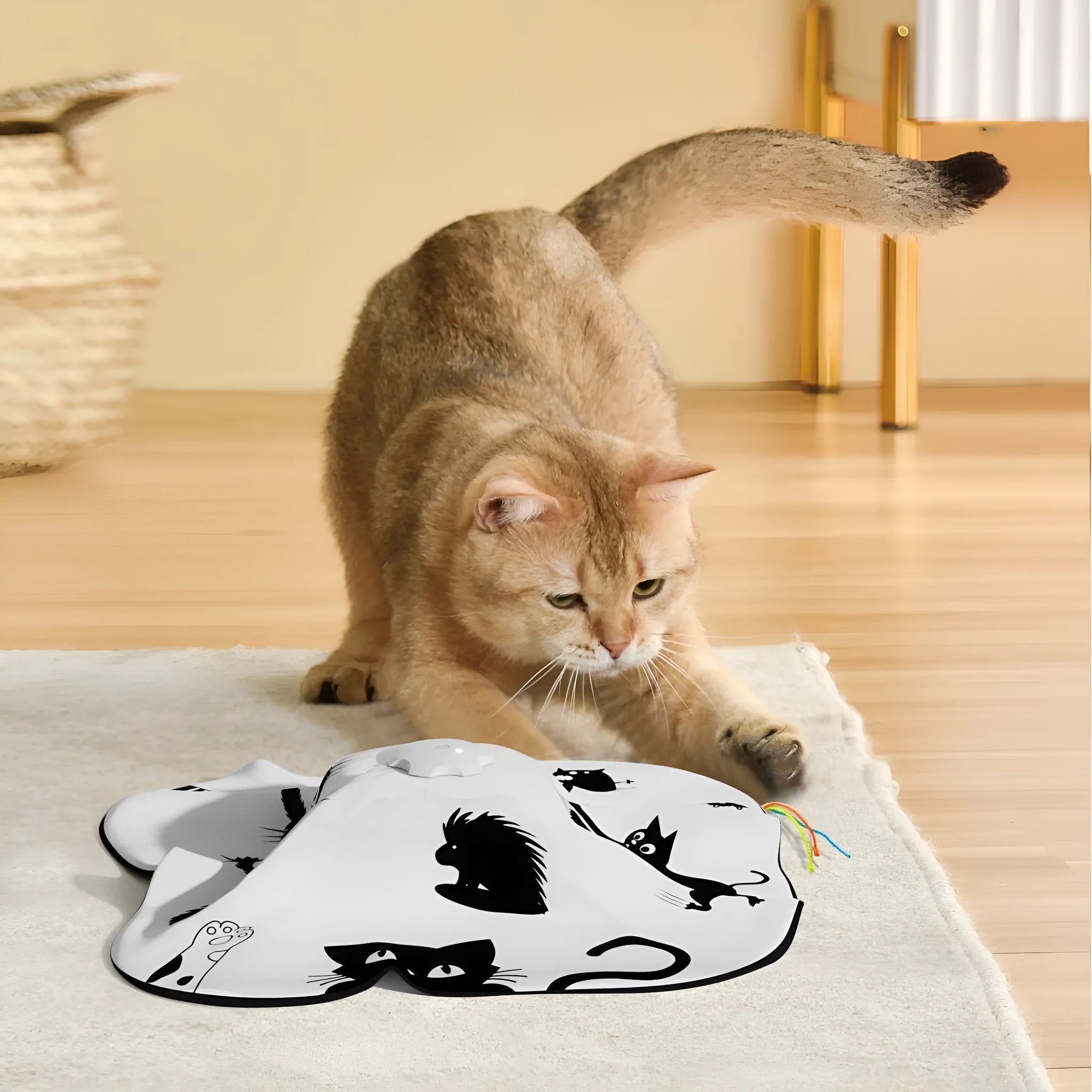 Automatic self-play cat teaser toy with picture colour design on white background