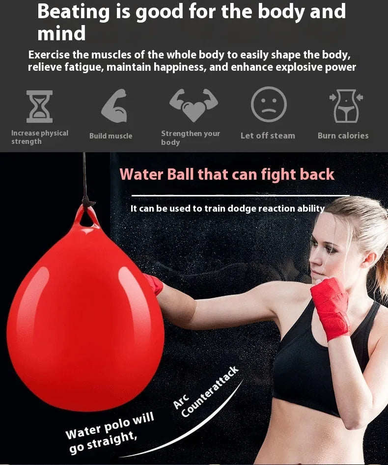 Red water-filled PVC boxing reaction ball with hook rope sling for combat sports training