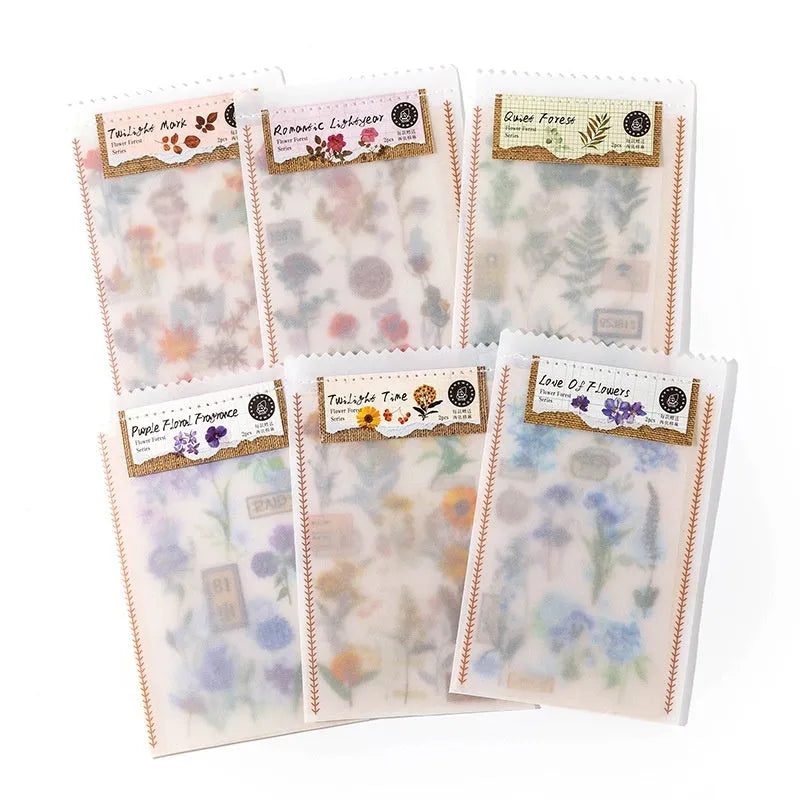 Huazhisen Series forest theme art sticker pack showing transfer paper and cotton linen sheets in literary style