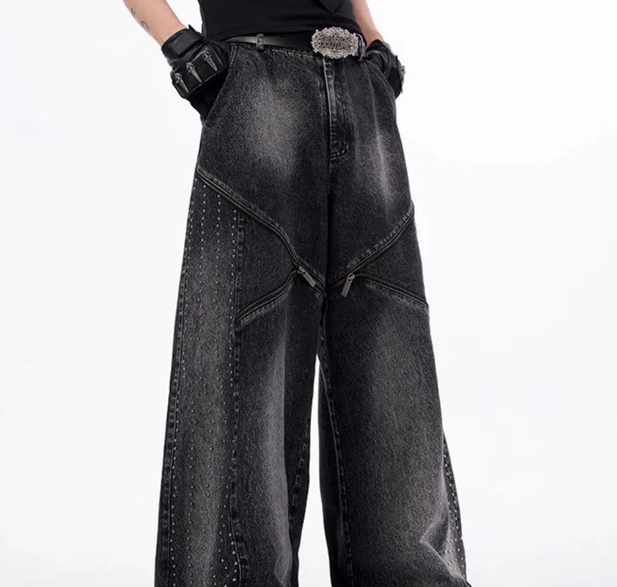 Black and grey wide leg pants with structure zipper and matching waistcoat set