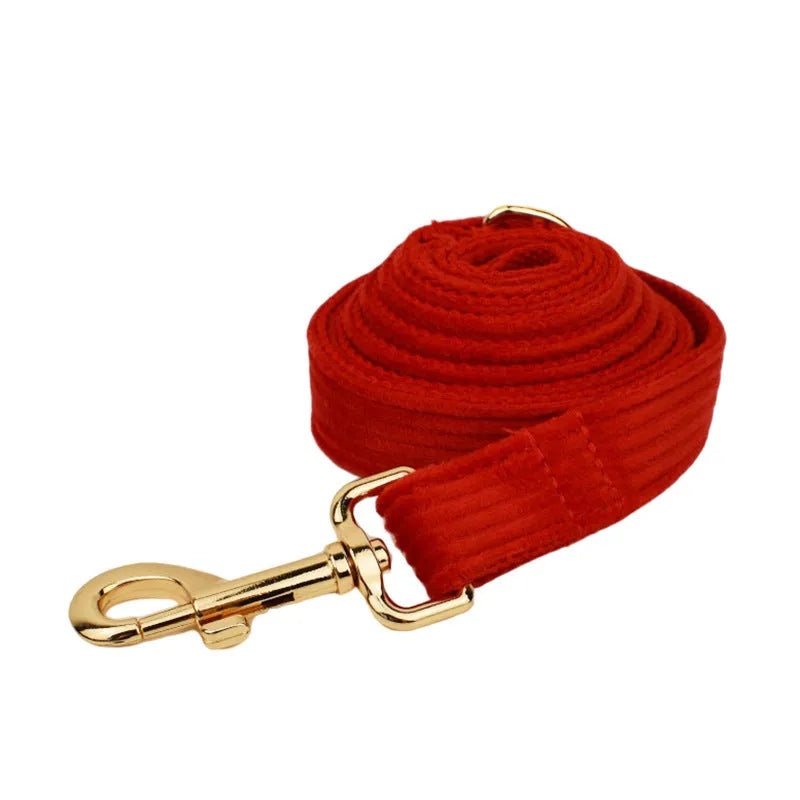 Red corduroy dog collar and leash set with matching vest, bow tie, and poo bag