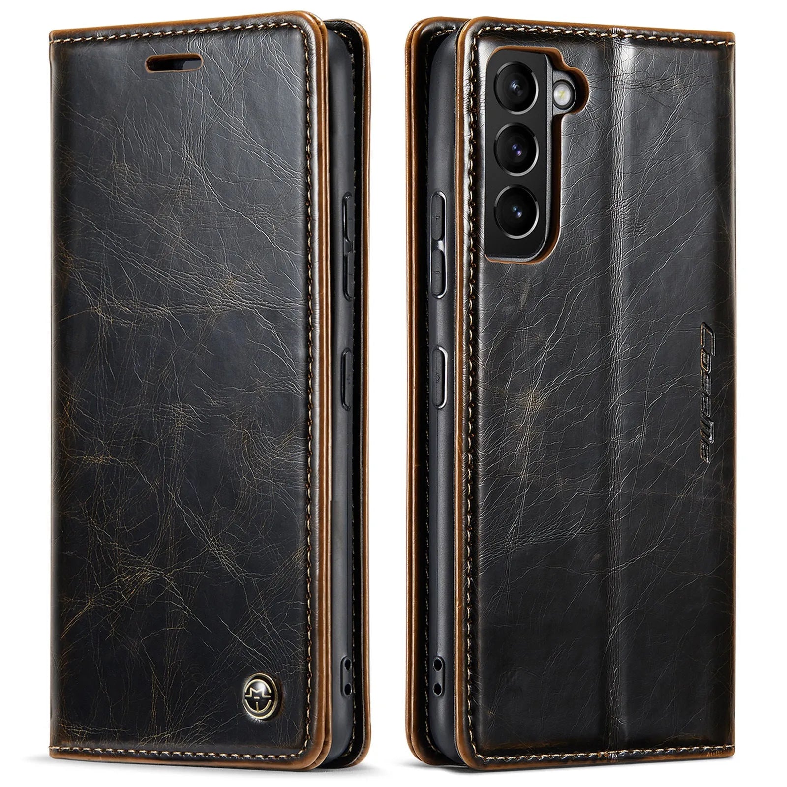 Crazy horse pattern card flip phone case for Samsung A55 with kickstand and magnetic closure, black colour.