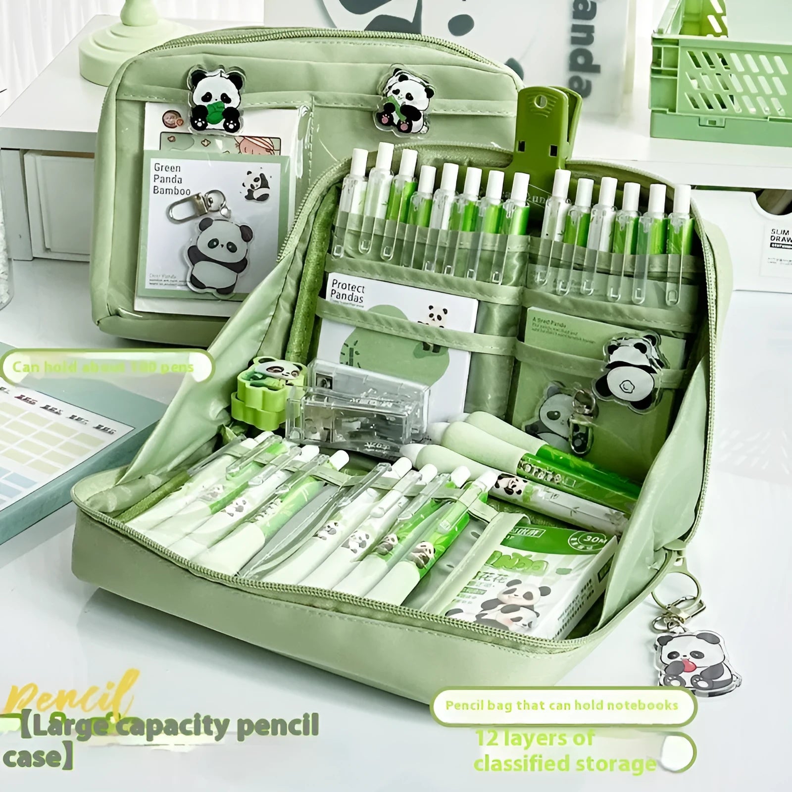 Green panda-themed pencil case with twelve compartments for stationery organisation