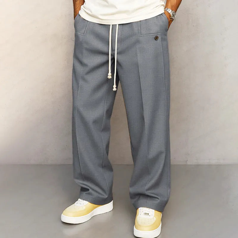 Casual straight leg drawstring pants in solid colour, polyester blend fabric, leisure wear