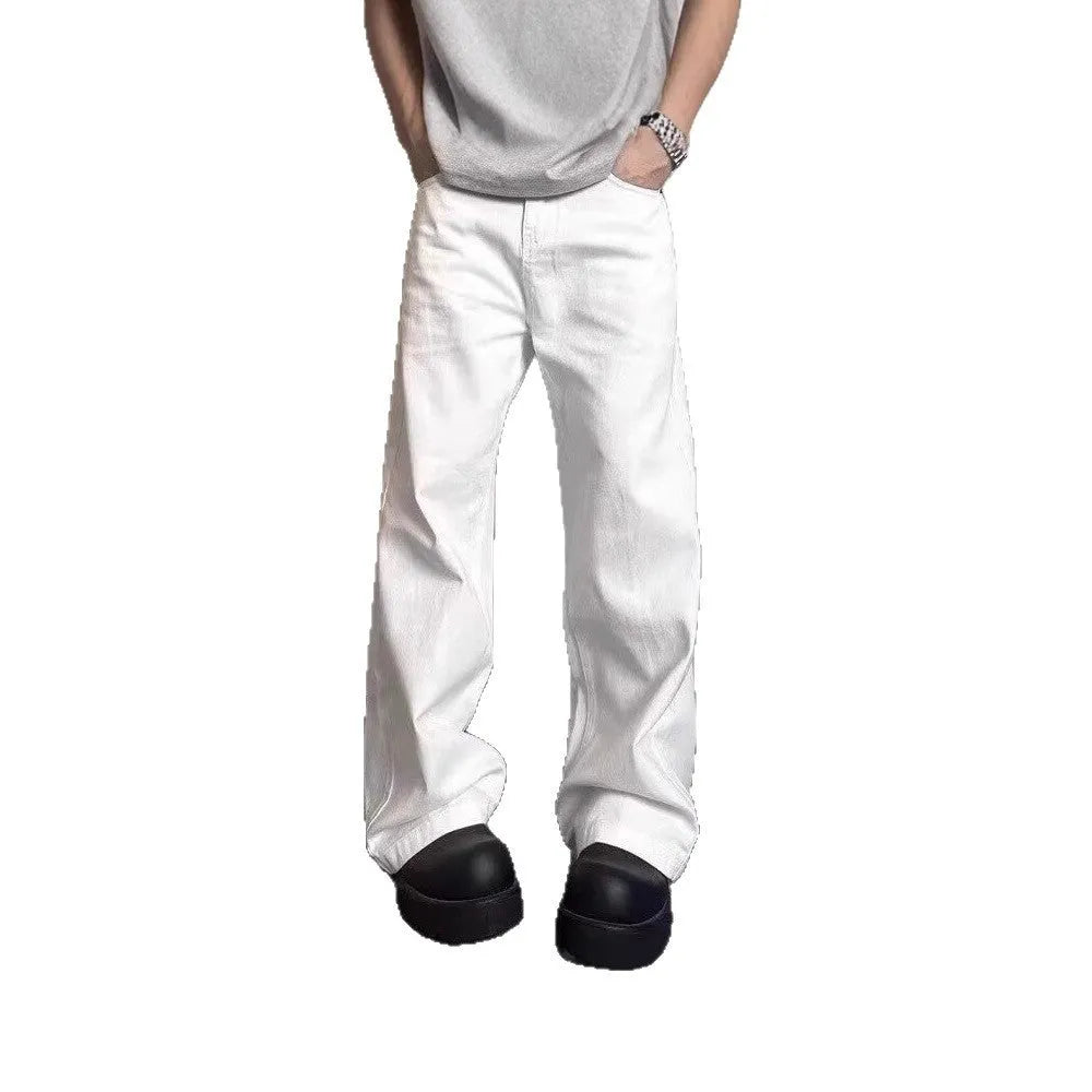 Men's straight wide-leg loose fit white denim jeans on a mid waist.