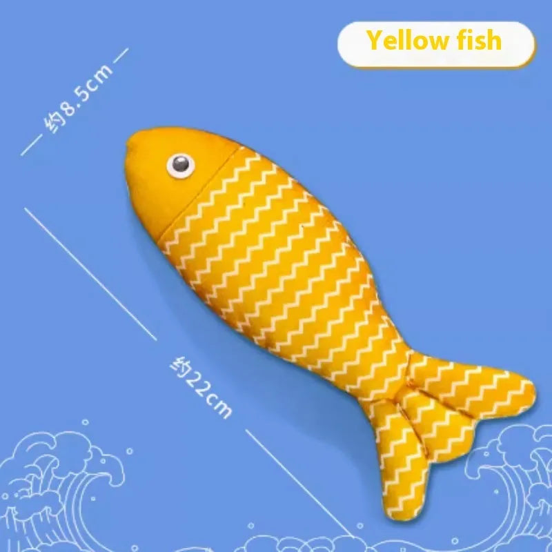 Blue, red or yellow catnip fish toy with natural filling for feline energy and dental health