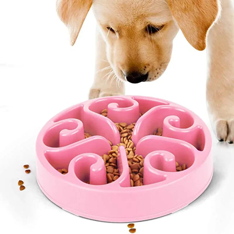 Colour options of an eco-friendly dog slow feeder bowl with maze pattern and non-slip base.