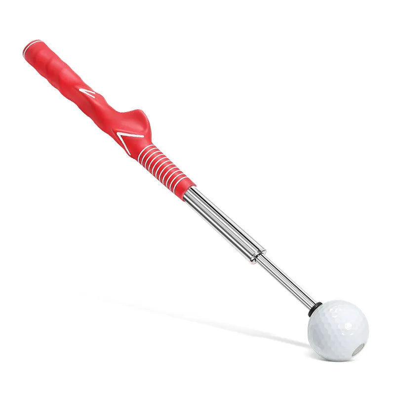 Telescopic stainless steel golf swing trainer in black, blue, and red colour options.