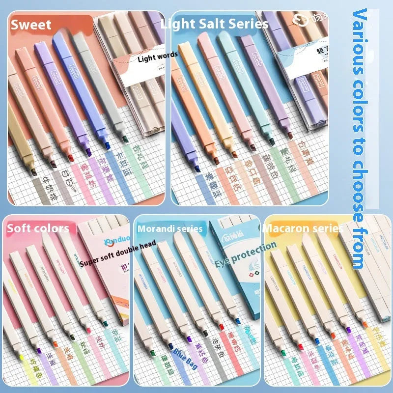 Set of double-headed fluorescent marking pens in bright colours on a white background.