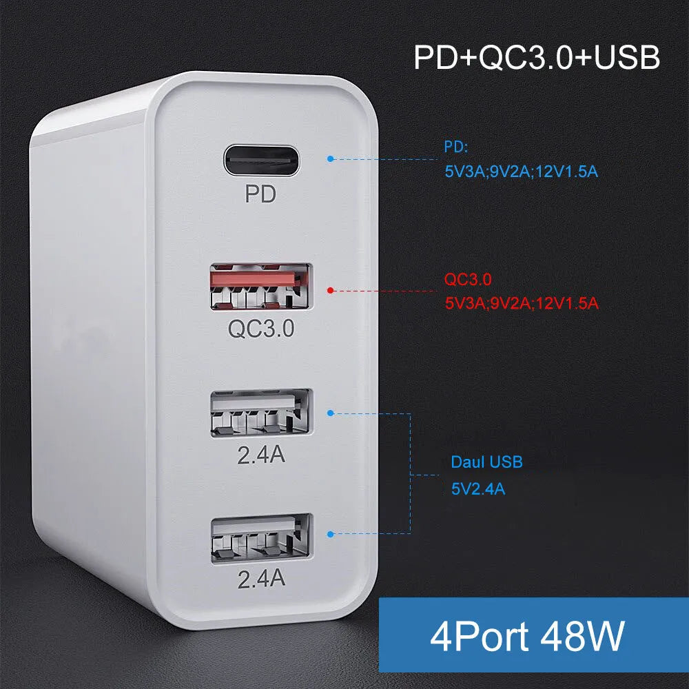White multi-port fast charge wall charger with UK plug on a table.
