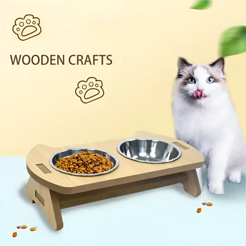 Wooden cat bowl feeder with two stainless steel inserts for food and water
